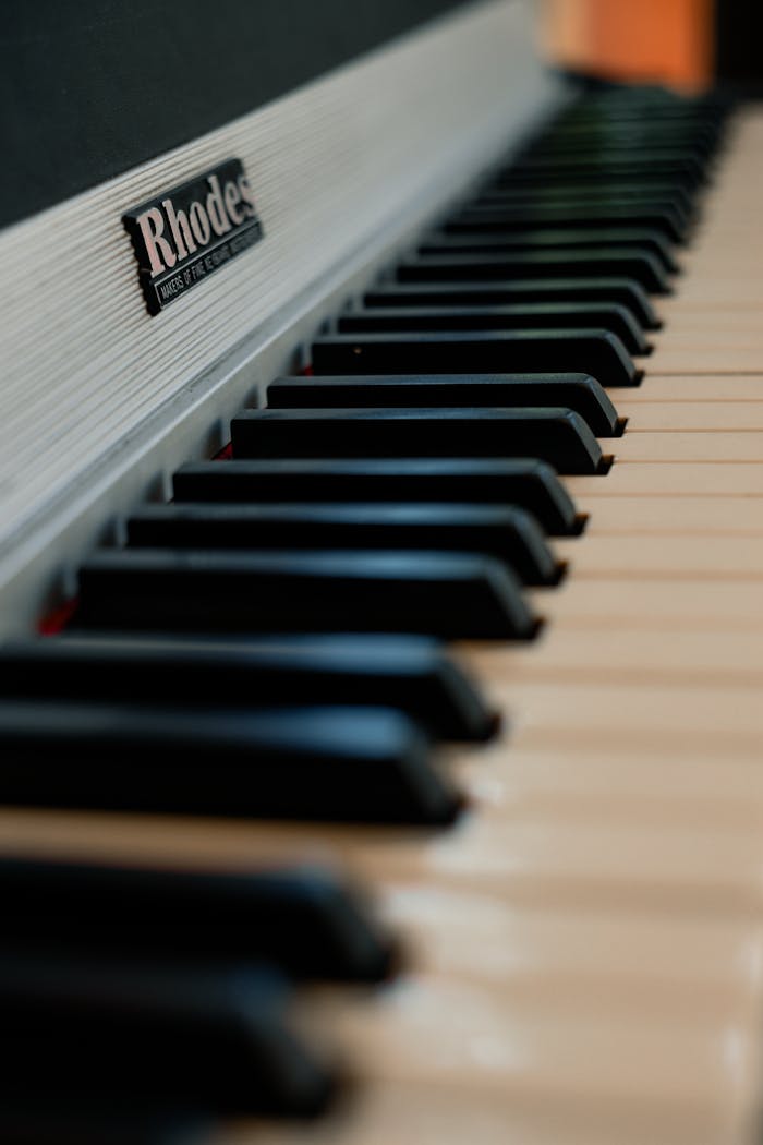 Close-up view of Rhodes electric piano keys with shallow depth of field.